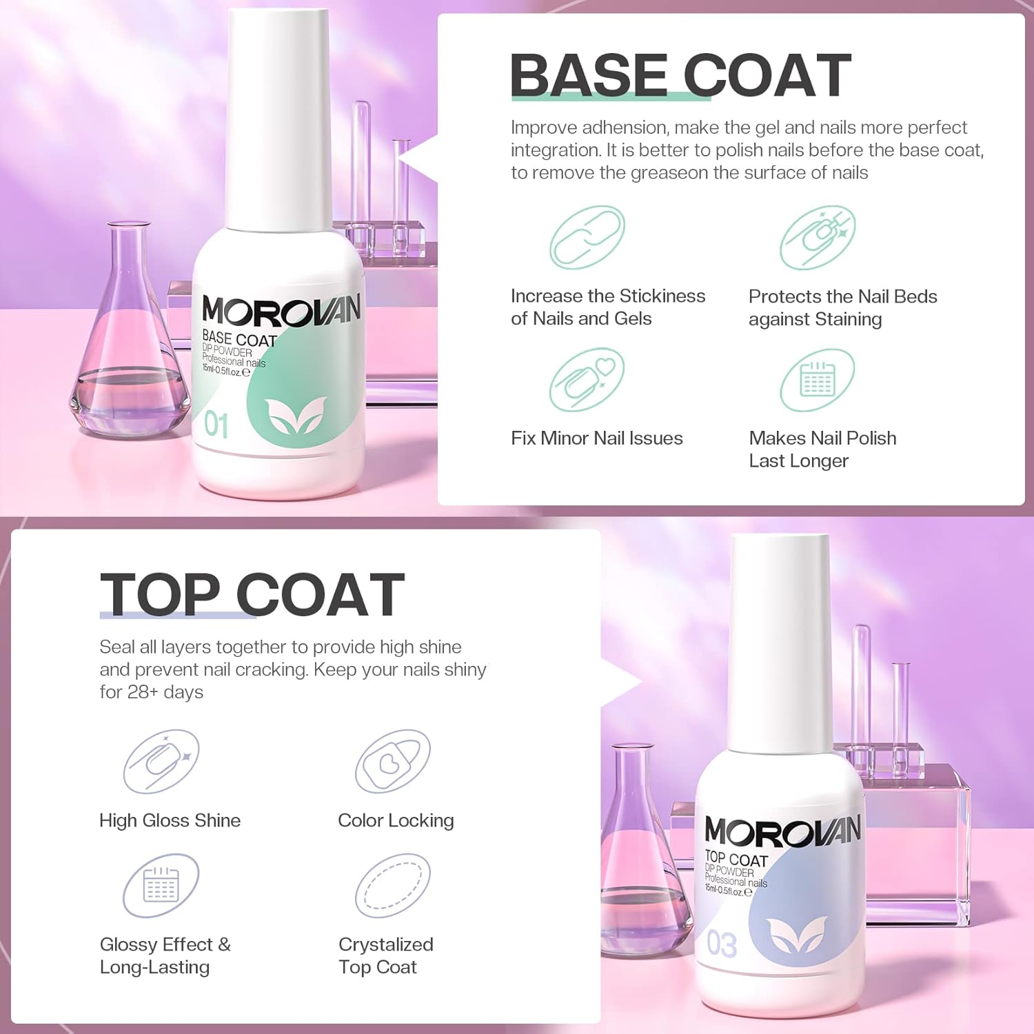 Morovan Dip Powder Liquid Set with Activator Base Top Coat and Dipping Powder Brush Saver 4pcs 0.5oz for Dip Powder Nail Kit - Image 5