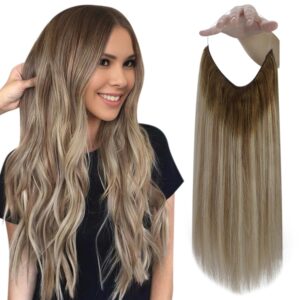 Fshine Wire Hair Extensions Real Human Hair Balayage Dark Brown to Ash Brown and Blonde Wire Layered Hairpiece One Piece Clip in Extensions Human Hair 12 Inch 70 Gram