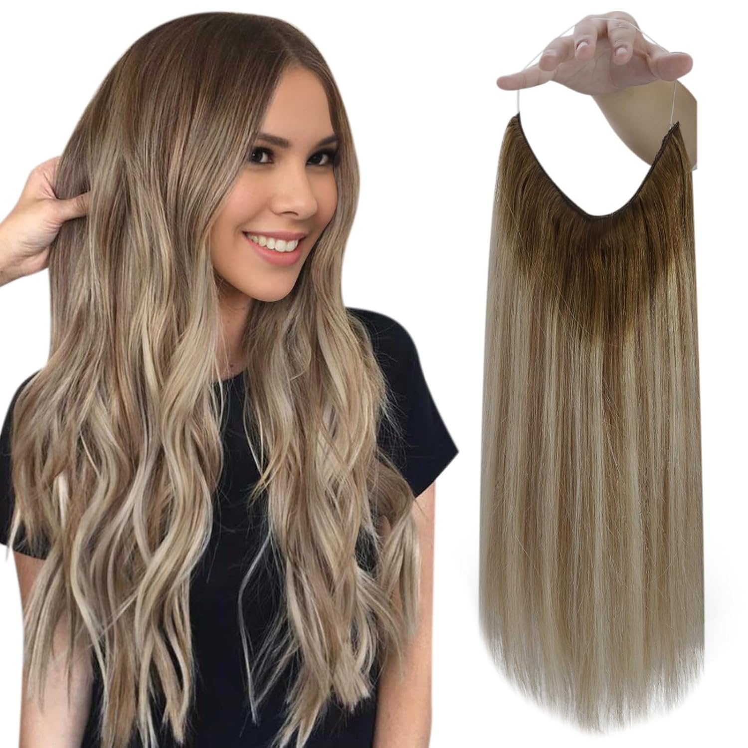 Fshine Wire Hair Extensions Real Human Hair Balayage Dark Brown to Ash Brown and Blonde Wire Layered Hairpiece One Piece Clip in Extensions Human Hair 12 Inch 70 Gram