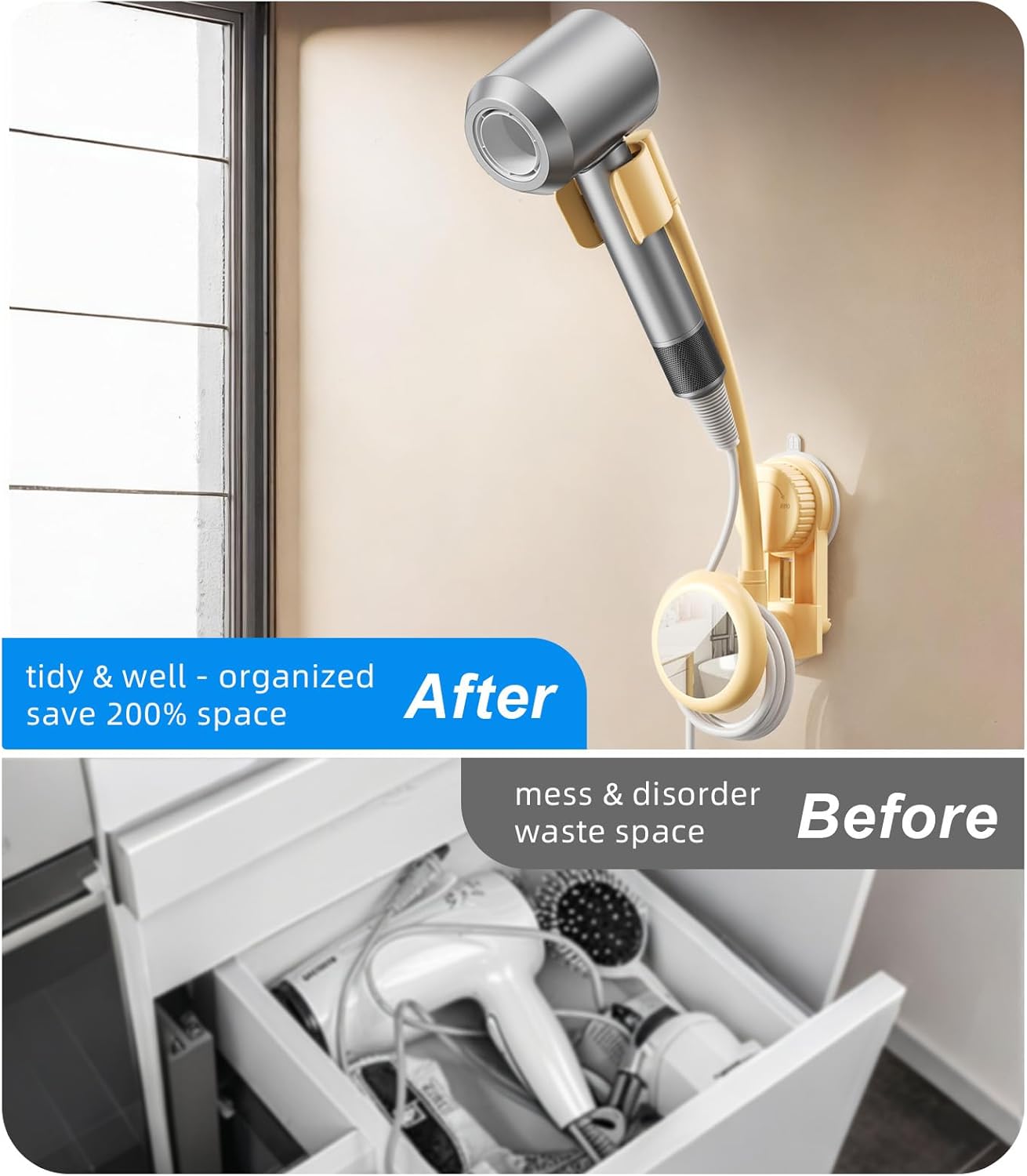 Hands-Free Hair Dryer Holder Wall Mounted with 360° Adjustable Hose, Suction Cup Installation, Built-in Mirror, and Cord Organizer for Blow Dryer, Curling Iron, No Drilling Required - Image 6
