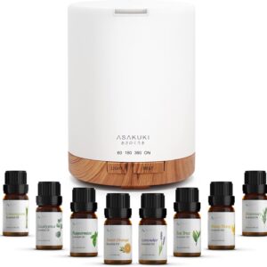 ASAKUKI Essential Oil Diffuser, Aromatherapy Cool Mist Home Humidifier with 7 LED Color Changing Light and Auto-Off Safety Switch, 8 Essential Oils Set, 300ml (Brown with Oils)