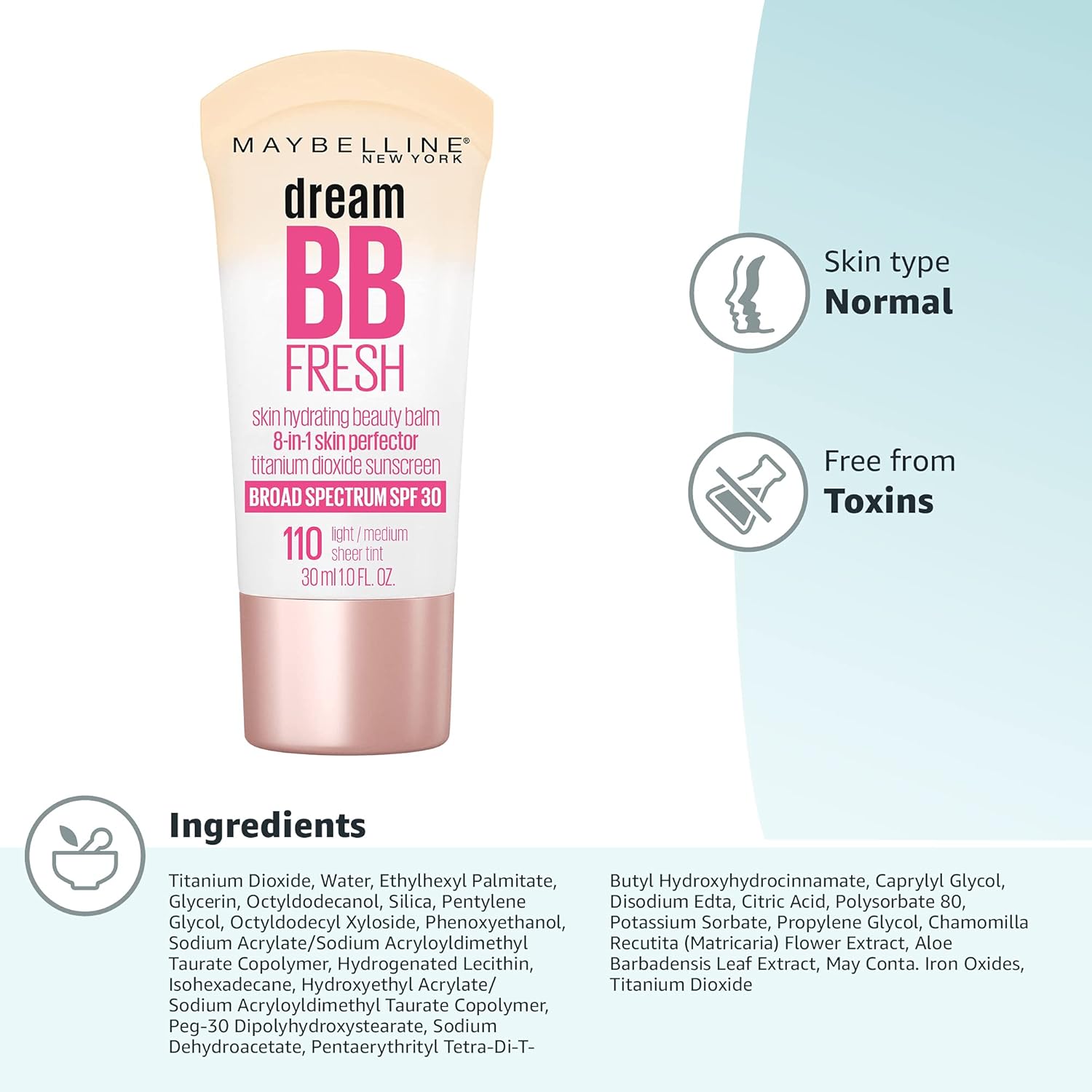 Maybelline Dream Fresh Skin Hydrating BB cream, 8-in-1 Skin Perfecting Beauty Balm with Broad Spectrum SPF 30, Sheer Tint Coverage, Oil-Free, Light/Medium, 1 Fl Oz - Image 9