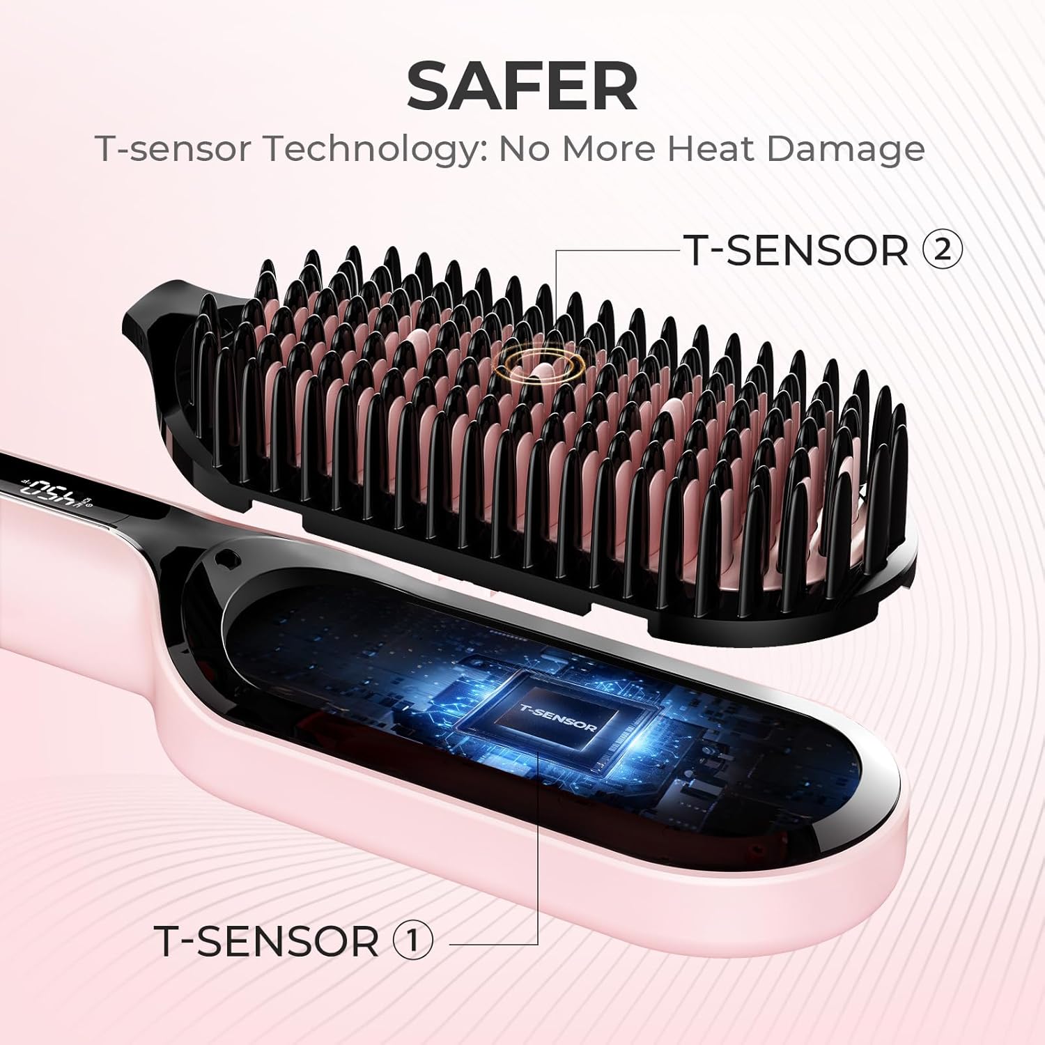 TYMO Hair Straightener Brush - Upgraded Ionic Plus Straightening Brush with Dense Bristles, 16 Temps, Dual Voltage | Ceramic Hot Comb for Women | Flat Iron for Thick Curly Hair, Pink - Image 2