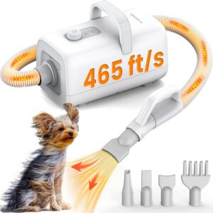 oneisall Dog Dryer,465 ft/s High Velocity Dog Hair Dryer,Quiet Dog Blow Dryer with Adjustable Airflow&Cycling Heating,Dog Dryer for Pet Grooming with 8.86ft Long Hose,Ideal for Quick&Efficient Drying