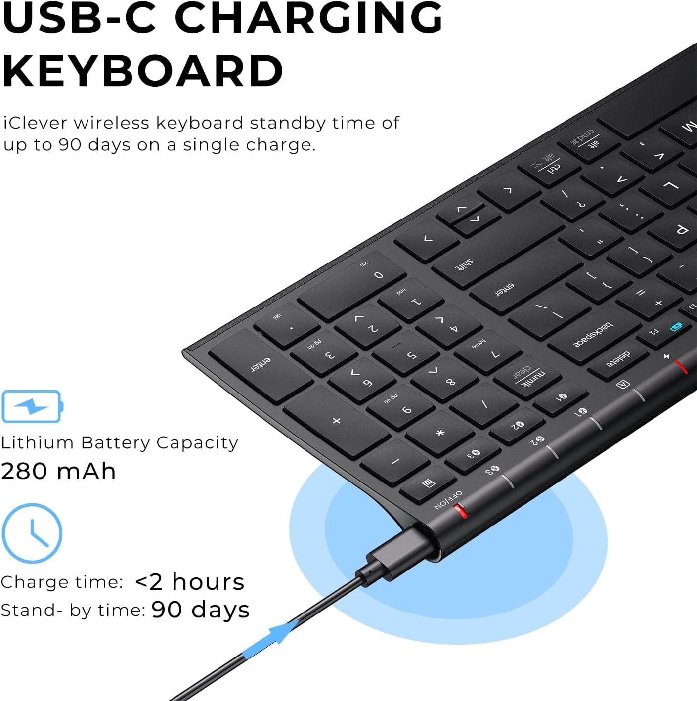 iClever BK10 Bluetooth Keyboard, Universal Bluetooth 5.1 Wireless Keyboard with Number Pad, Ergonomic Design, Multi-Device Compatibility, Stable Connection for Mac, iPad, iPhone, Android, Windows - Image 4