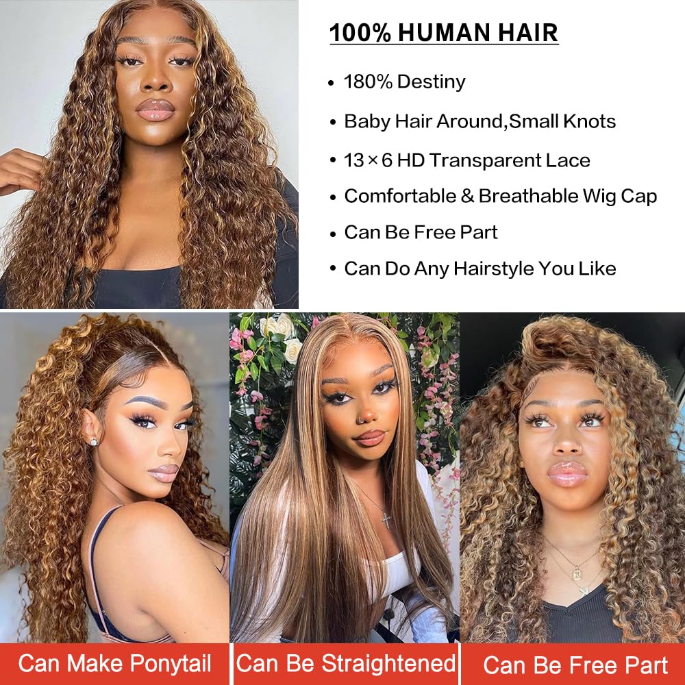 30inch Highlight Ombre Lace Front Wig Human Hair 13x6 HD Honey Blonde 4/27 Deep Wave Lace Front Wigs Human Hair 200 Density Glueless Wigs Human Hair Pre Plucked with Baby Hair - Image 4