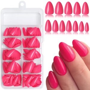 LoveOurHome 240pc Almond Press on Nails Short Fake Nails Hot Pink Glue on Nails Short Almond Nails Press ons Acrylic Nail Full Cover Artificial Fingernail XS Stiletto False Nail with Adhesive Tabs