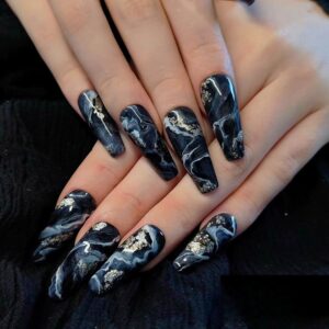 Medium Press on Nails Coffin Fake Nails Black Ombre Glue on Nails Marble Nails Press ons Glitter Acrylic Press on Nail Swirl Artificial Nails Glossy Stick on Nails for Women and Girls 24Pcs