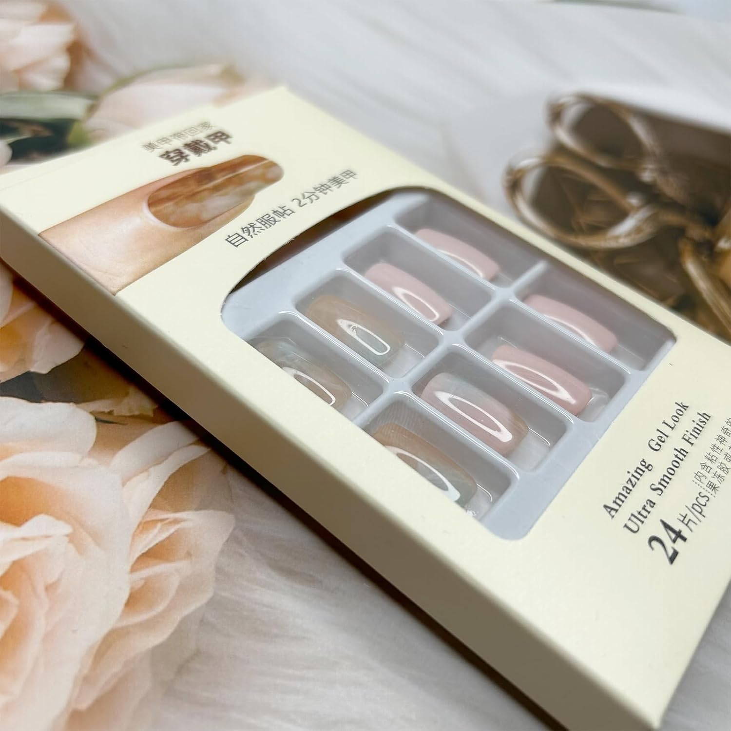 Gradient Blue Press on Nails Medium Square Fake Nude Pink Marble Design Acrylic False Nail Wavy Glue on Full Cover Glossy Nude Stick on for Woman Girls Manicure 24Pcs - Image 6