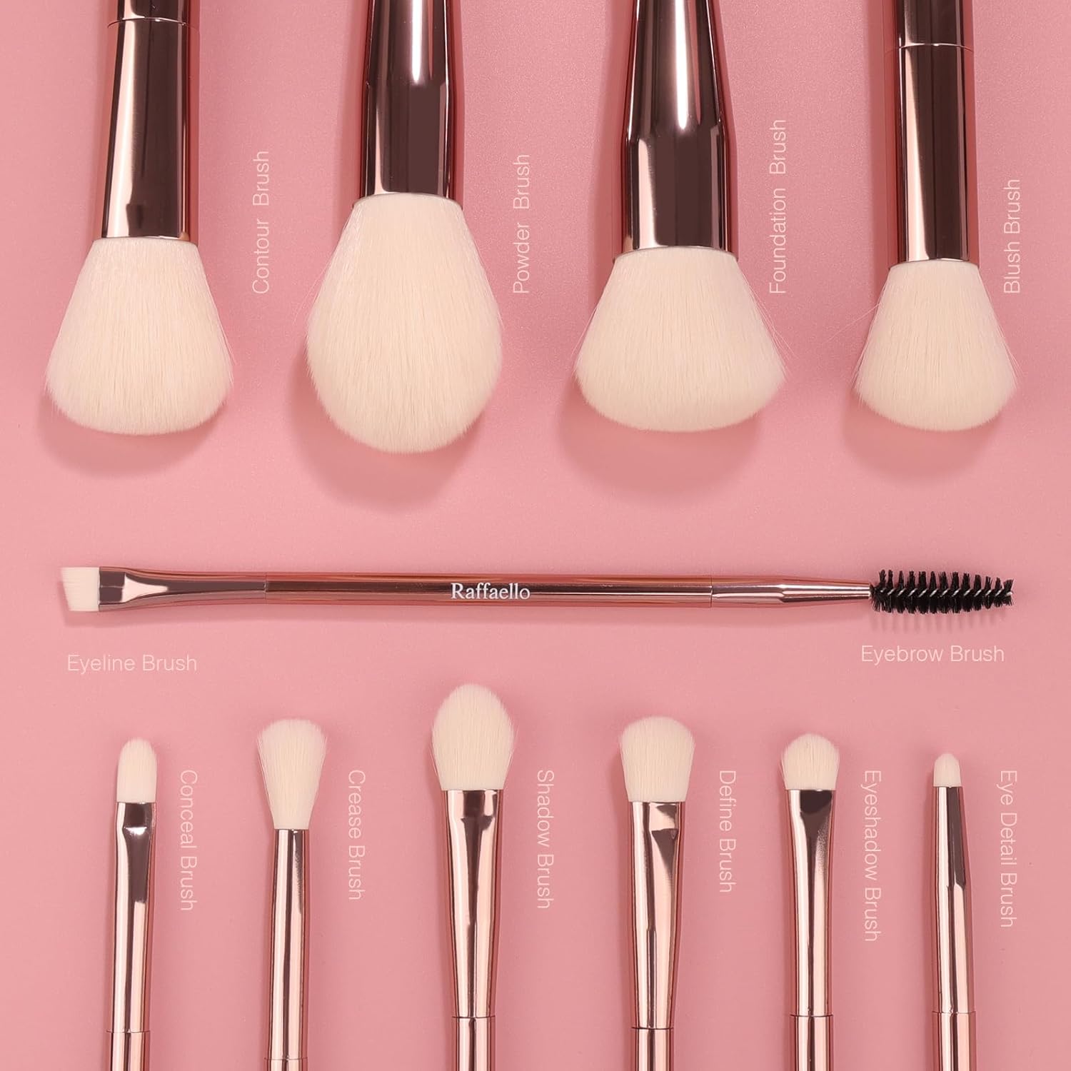 Raffaello 6-in-12 Dual-Ended Makeup Brushes Set, Sustainable Rose Gold Brushes with Recycled Materials, Includes White Faux Leather Pouch, Professional Face & Eye Makeup Kit for Travel and Daily Use - Image 3