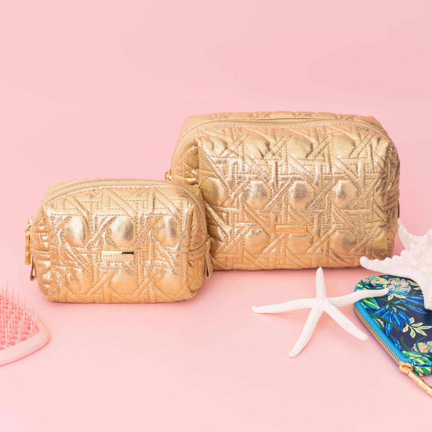 Lilly Pulitzer Gold Quilted Zipper Pouches, Cute Cosmetic Case for Women, Travel Toiletry Bag, Small Pouch Bag for Supplies, Set of 2, Makeup or Toiletries, Gold Lattice - Image 5