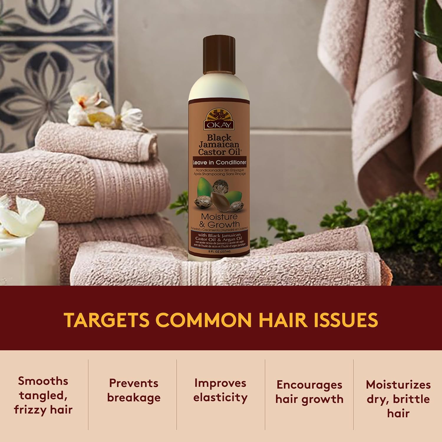OKAY Black Jamaican Castor Oil Leave In Conditioner - Hair Moisturizer for Women and Men, Natural Hair Product for Hair Growth, Curly Hair Grease for Smooth, Moisturized Hair - 8 oz (Pack of 1) - Image 6