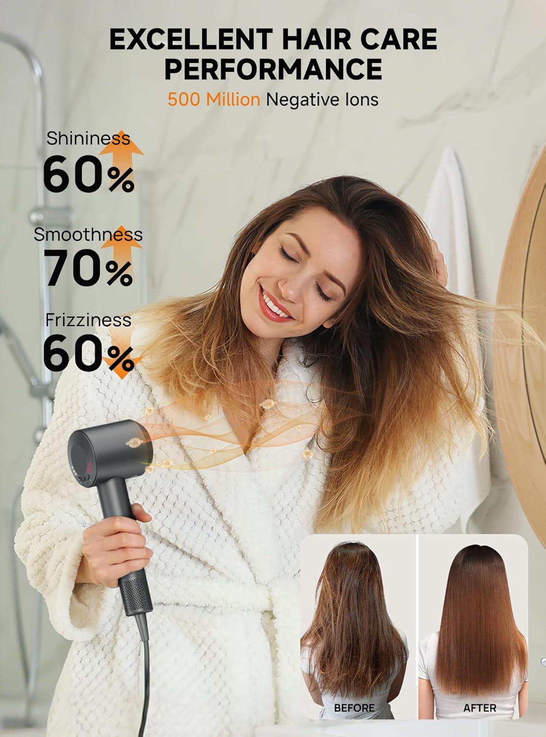 High-Speed Hair Blow Dryer: 160000 RPM Professional Hairdryer 500 Millions Negative Ionic Low Noise Thermo Control Lightweight Fast Drying with Brushless Motor for Gift Travel Home Salon - Image 3
