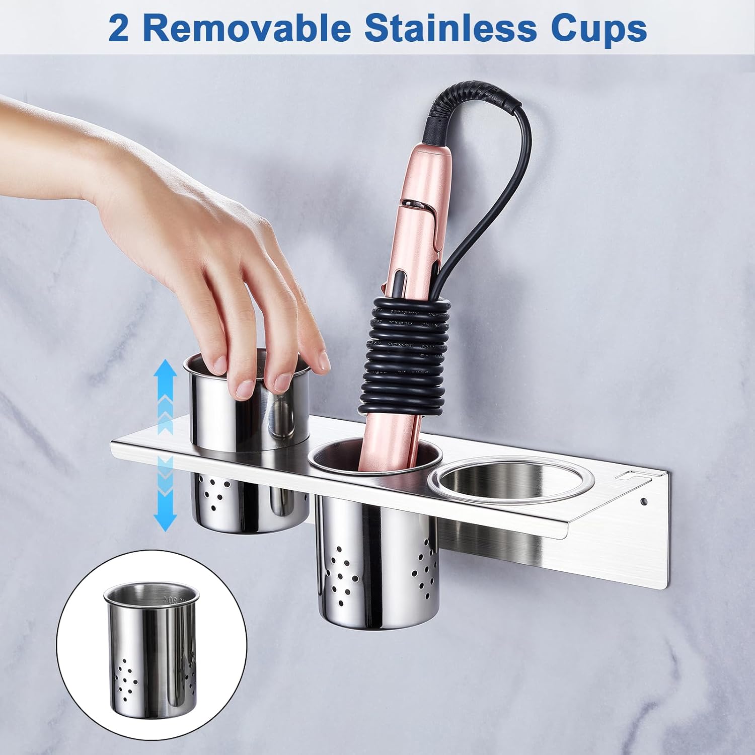 Hair Tool Organizer Wall Mount, Hair Dryer Holder with 2 Cups, Stainless Steel Blow Dryer Holder Curling Iron Holder Wall Mount, Bathroom Vanity Hair Styling Tools Organizer for Brush, Flat Iron - Image 4