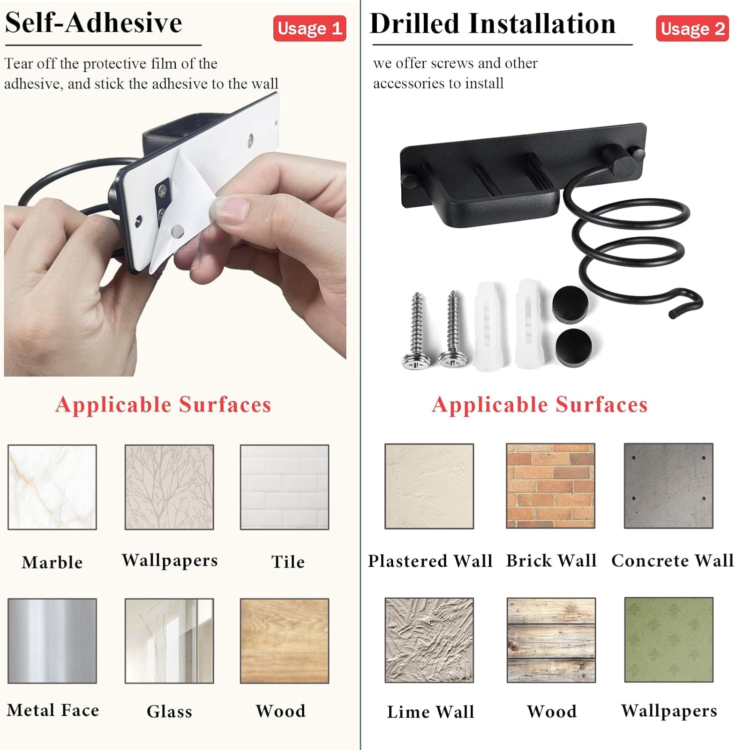 Hair Dryer Holder - Hair Dryer Wall Mount, Aluminum Hair Tool Organizer Wall Mount with Self Adhesive and Drilling Install Options, Flat Iron/Curling Iron/Straightener Holder for Bathroom - Image 2