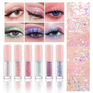 BONNIE CHOICE 6Pcs Liquid Glitter Eyeshadow Eyeliner, Korean Makeup Glitter Shinning Eye Liner Long Lasting Quick Drying Pigmented Loose Bling Under Eye Shadow Makeup Mother's Day Gifts for Women