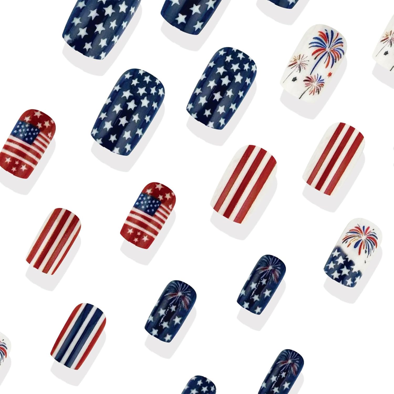 24Pcs 4th of July Press on Nails Glossy White Star False Nails Independence Day Gel Glue on Nail Fourth of July Acrylic Medium Square Fake Nail American Flag Stick on Fingernails for Women Girls - Image 7