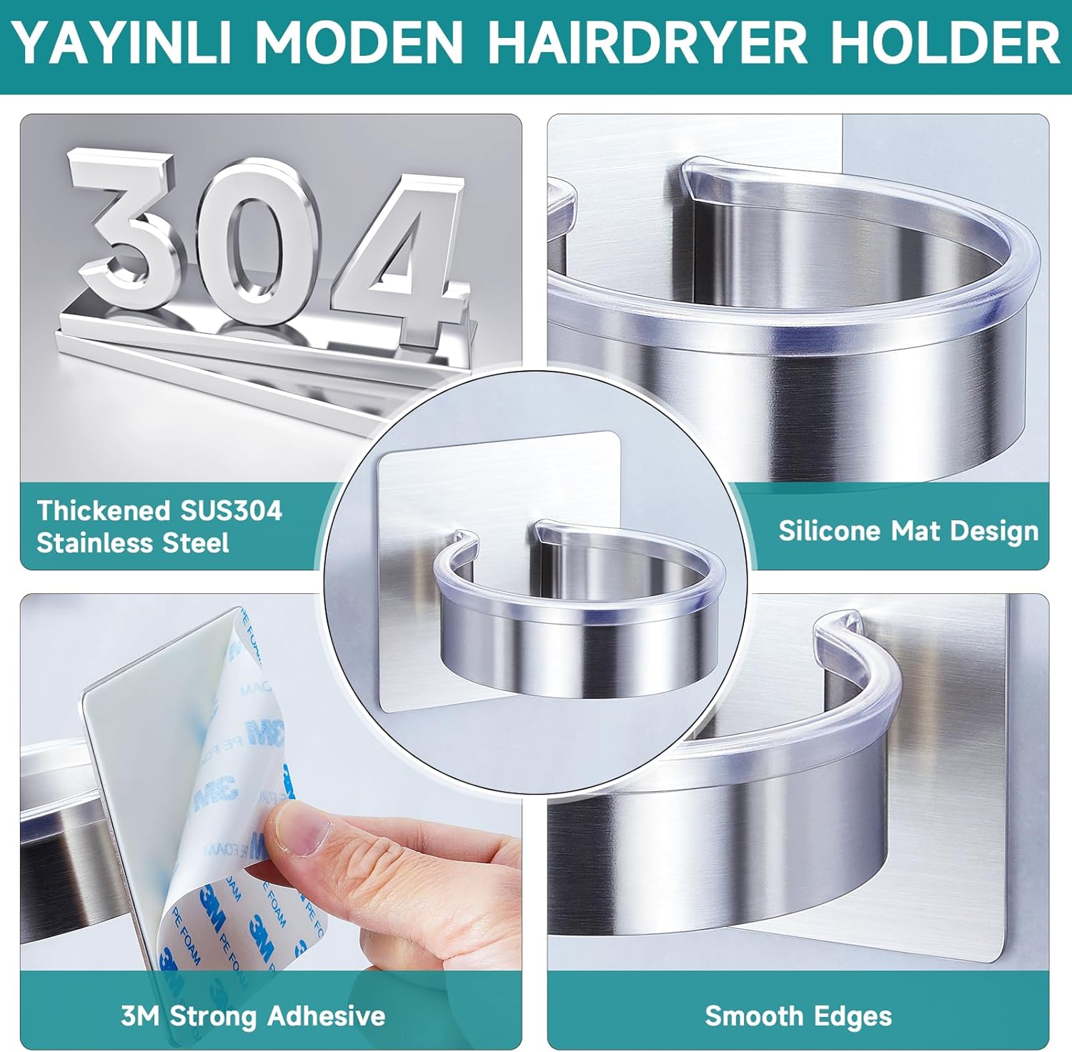 Hair Dryer Holder Wall Mounted, Hair Tool Organizer and Storage, Blow Dryer Holder Wall, Adhesive Hair Dryer Holder, SUS304 Stainless Steel Hairdryer Holder for Bathroom Salon Barber Shops - Image 7