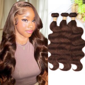 ALLRUN Brown Body Wave Bundles Human Hair 16 18 20 Inch Light Brown Hair Bundles Body Wave 12A 100% Unprocessed Brazilian Virgin Hair Chocolate Color Human Hair Extension Color 4#