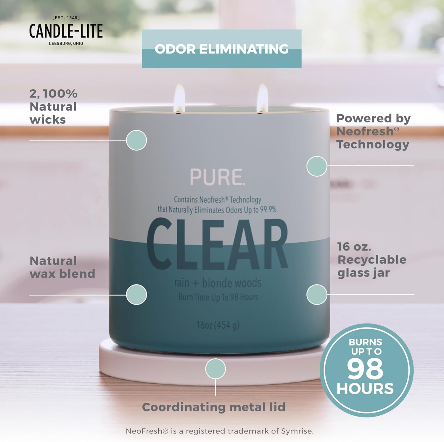 Candle-Lite Pure Rain & Blonde Woods Odor Eliminating Scented Candles, Neofresh Technology Eliminates 99.9% of Odors, 16 oz 2-Wick Jar, Proudly Poured in The USA, 44-60 Hours Burn Time - Image 2