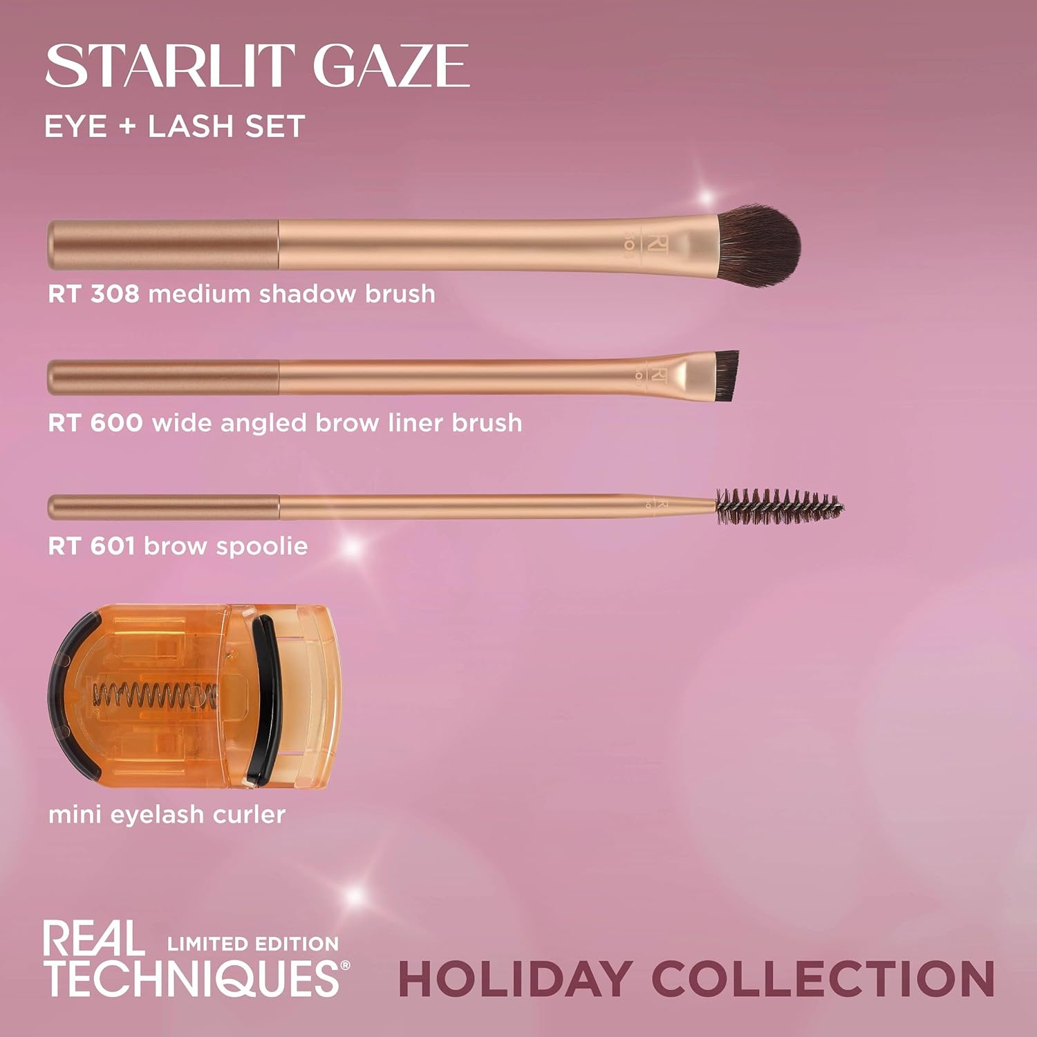 Real Techniques Starlit Gaze Eye + Lash 4 Piece Holiday Gift Set, Eye Makeup Brush Set For Eyeshadow & Brow Products, Mini Eyelash Curler For Travel, Stocking Stuffer, Limited Edition, Cruelty-Free - Image 3