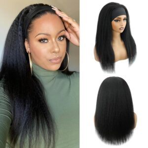 Kinky Straight Headband Wig 20 Inch Human Hair Headband Wigs for Black Women Glueless Yaki Straight Human Hair Headband Wigs Natural Black color