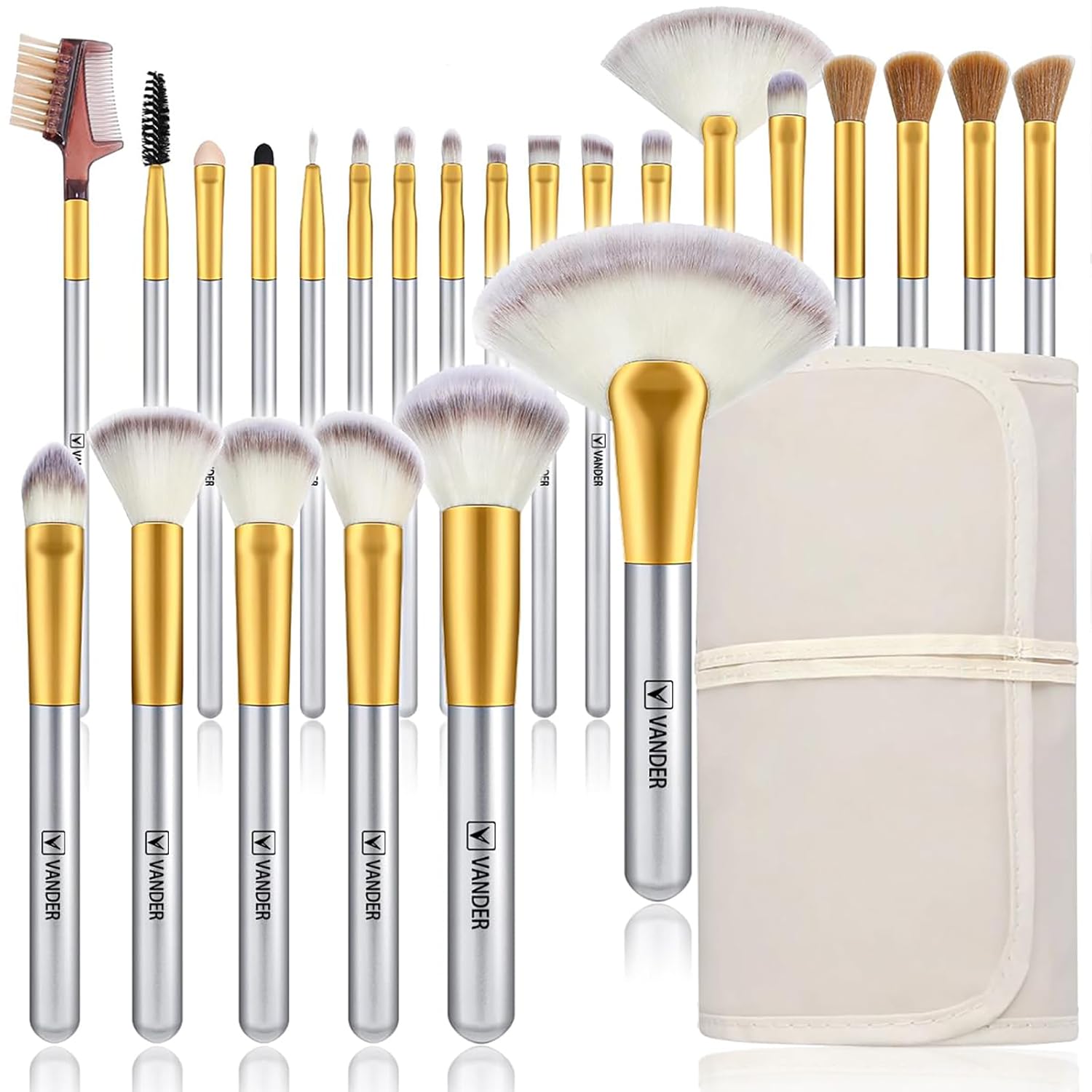 VANDER Makeup Brushes 24Pcs Makeup Brush Set - Professional Make Up Brushes with Soft Synthetic Bristles & Wooden Handle, Includes Makeup Bag for Travel,Champagne