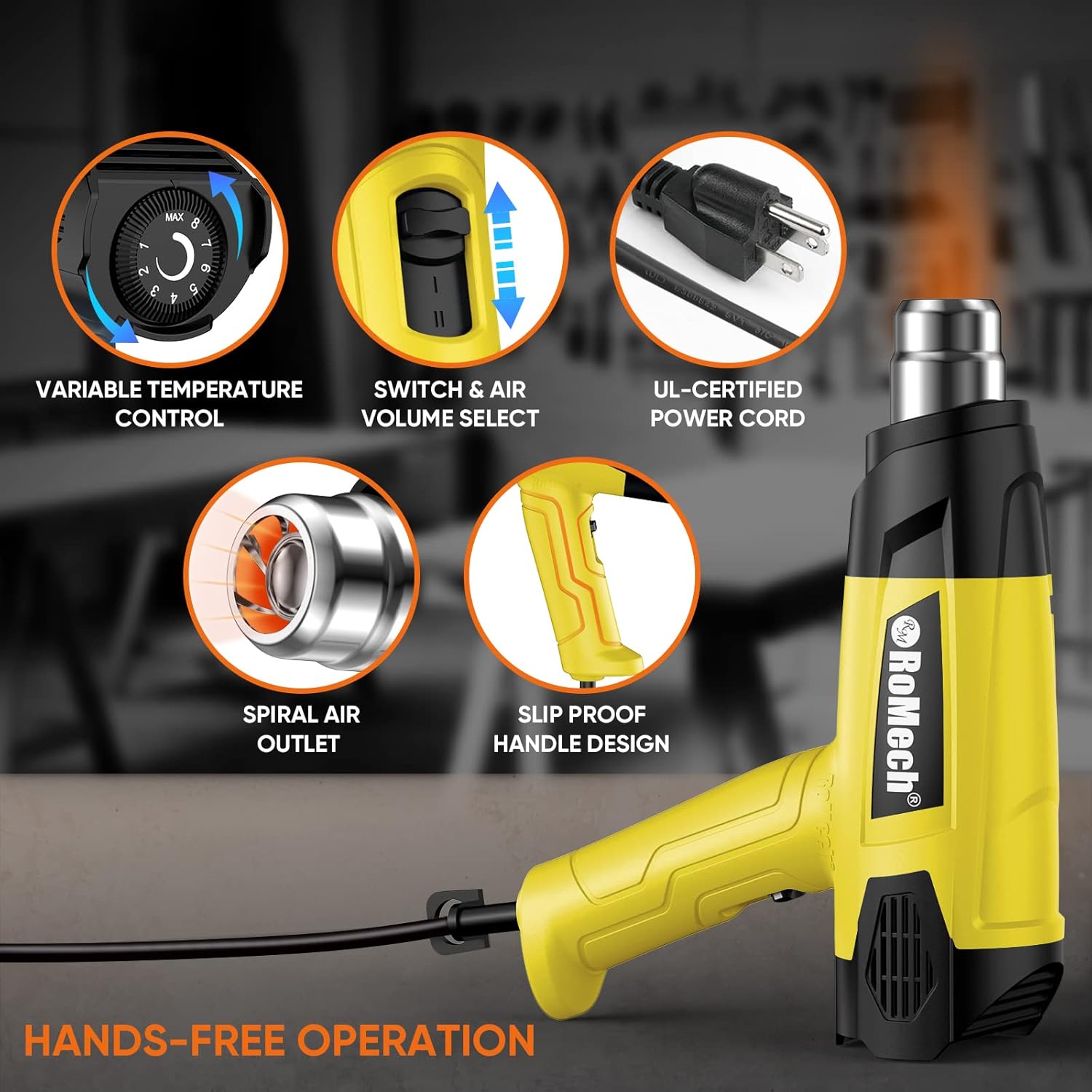 ROMECH Heat Gun, Heavy Duty Fast Heating, Variable Control 120°F~1200°F (50℃-500℃) 4 Nozzles Heat Gun for Crafting, Shrink Tubing,Vinyl Wrap(Yellow) - Image 4