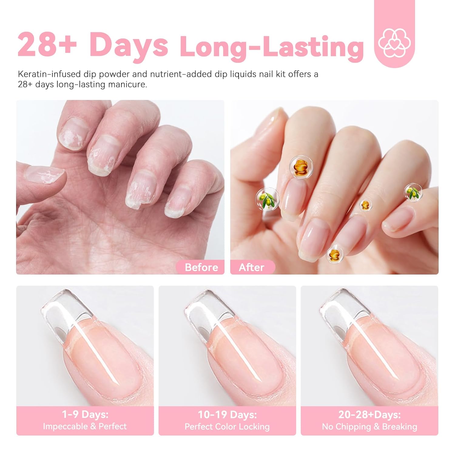 SAVILAND Clear Dip Powder Nail Kit Starter: 60g 2.1oz Dip Powder for Nails with Dipping Powder Liquid Set Dip Base Activator and Top Coat Professional Dip Nail Kit Repair for French Manicure Nail Art - Image 5