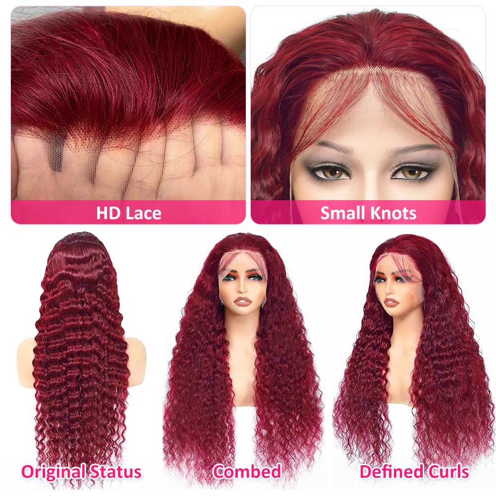 Hedy 28 Inch 99J Burgundy Deep Wave Lace Front Wigs Human Hair Pre Plucked with Baby Hair Glueless 13x6 HD Transparent Brazilian Human Hair Full Lace Frontal Wigs for Women Wine Red Color 180% Density - Image 4