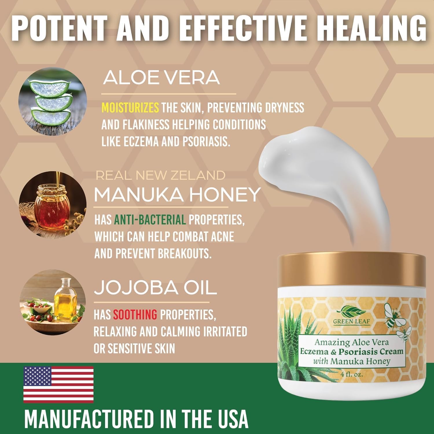 Manuka Honey Eczema Cream Moisturizing Lotion for Psoriasis Relief - Itchy, Dry Skin Rash Ointment - Soothing Moisturizer for Baby, Kids, Adults - High Strength Body & Face Cream 4oz - Image 3