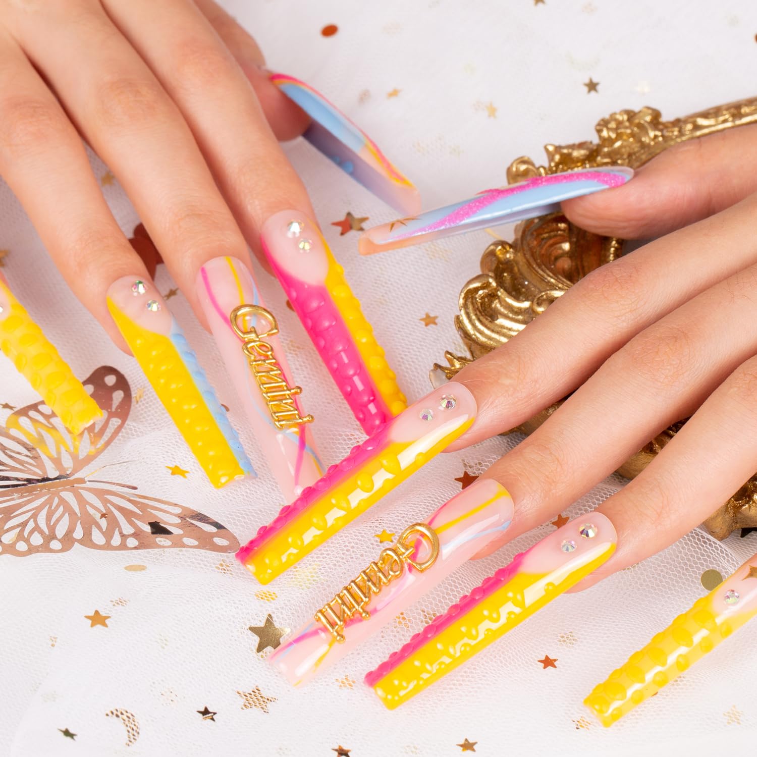 Press on Nails Gemini Blue French Tip Curve | Handmade with Full Covered Crystals | Reusable Fake Nails | Square Long 2.2 in | H172-S - Image 3