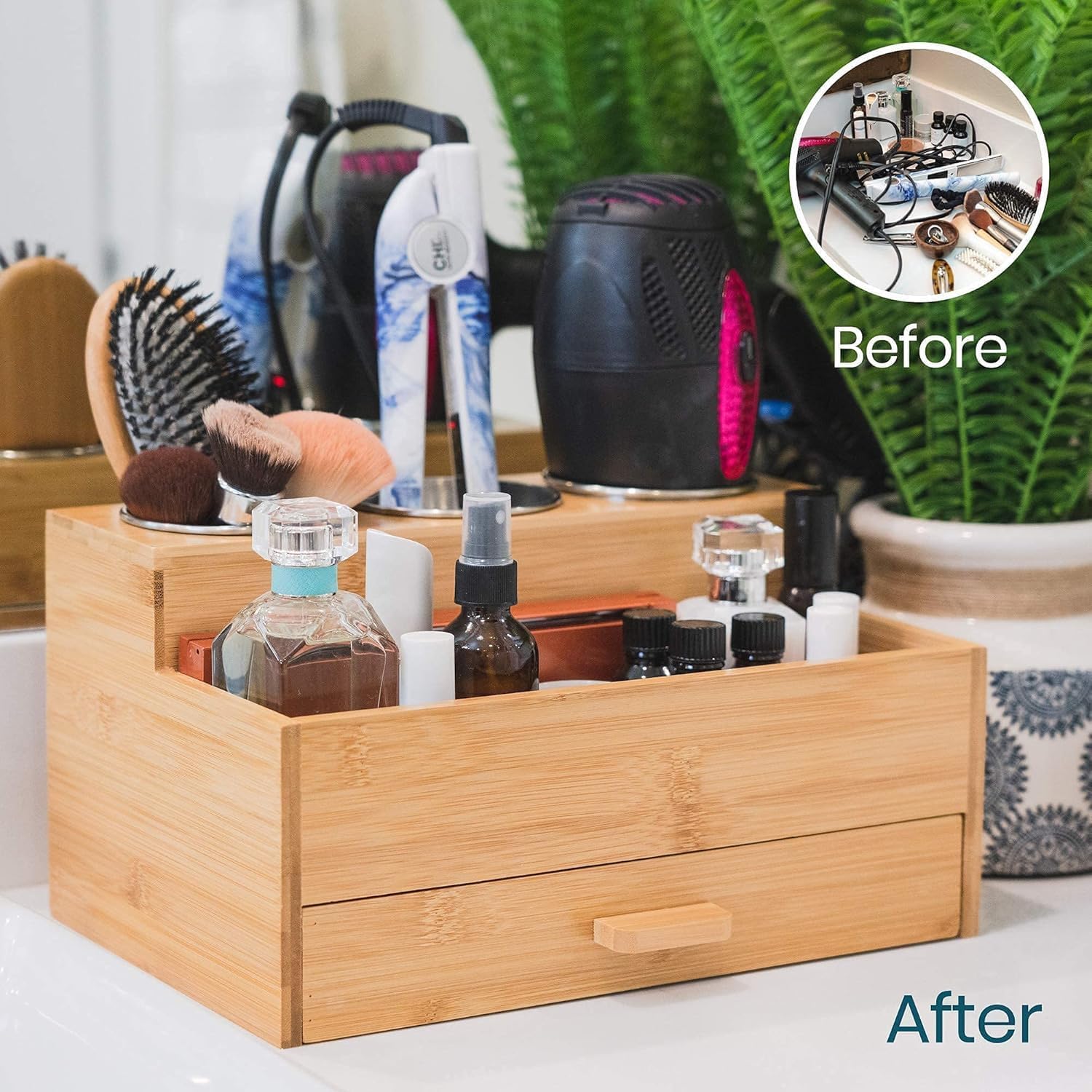 Hair Tool Storage Organizer, Bamboo Hair tool organizer for Bathroom, Kitchen and Makeup,Hair organizer storage Perfect for Storing Blow Dryer, Straightener and Brush - Image 3