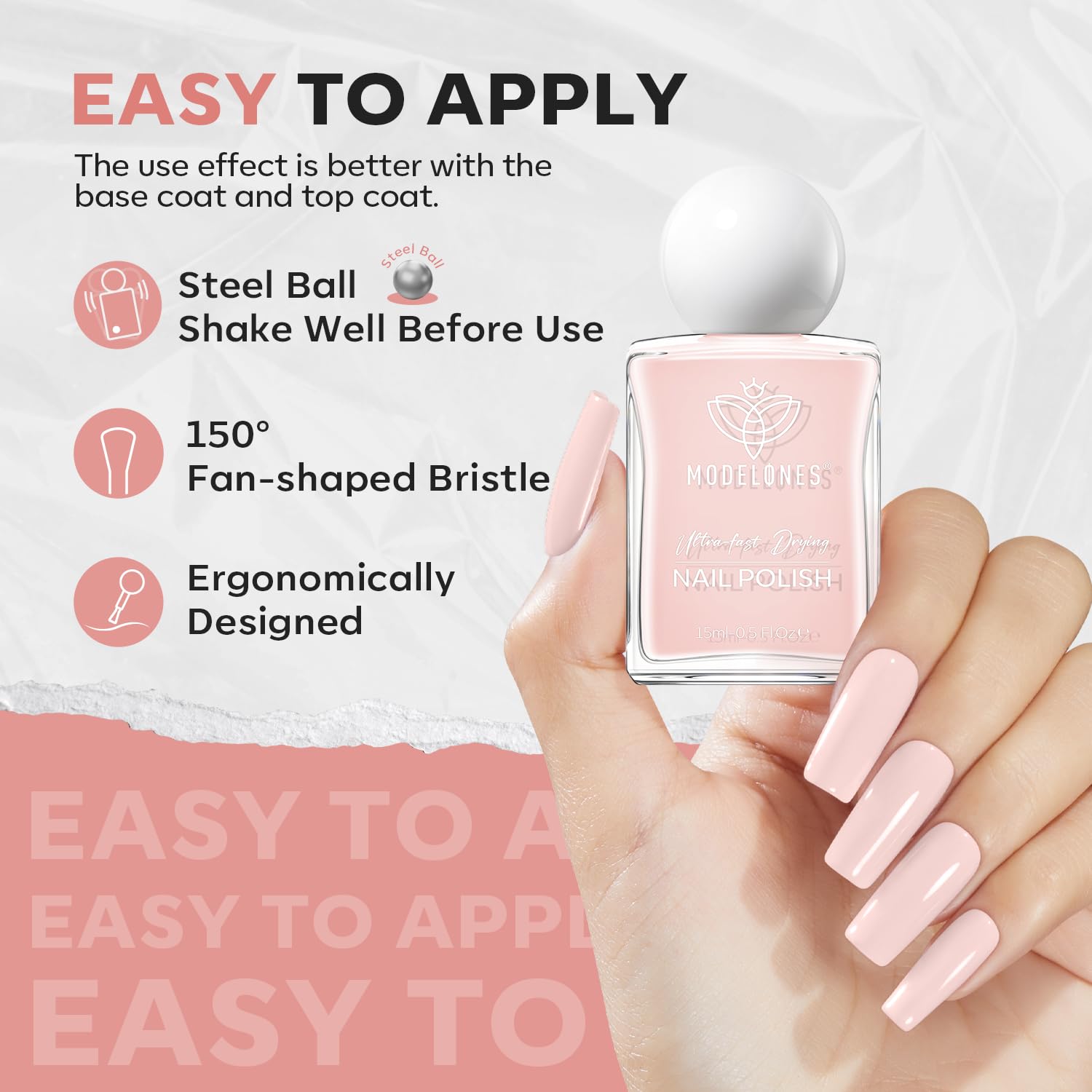 modelones Pastel Pink Nail Polish, Light Pale Pink 15 ml Quick Dry Nail Lacquer Strengthener Long Last Shine Fingernail Toe Nail Art DIY Home Travel Manicure Gift for Women Girls 0.5 Fl Oz - Image 5