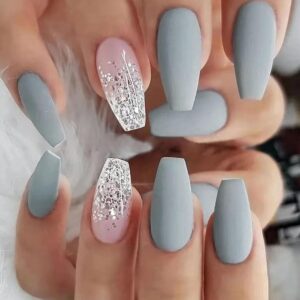 Coffin Press on Nails Short Fake Nails with Glitter Sequins Designs Acrylic Nails Press ons Matte Glue on Nails Grey Blue Full Cover Artificial Stick on Nails for Women 24Pcs
