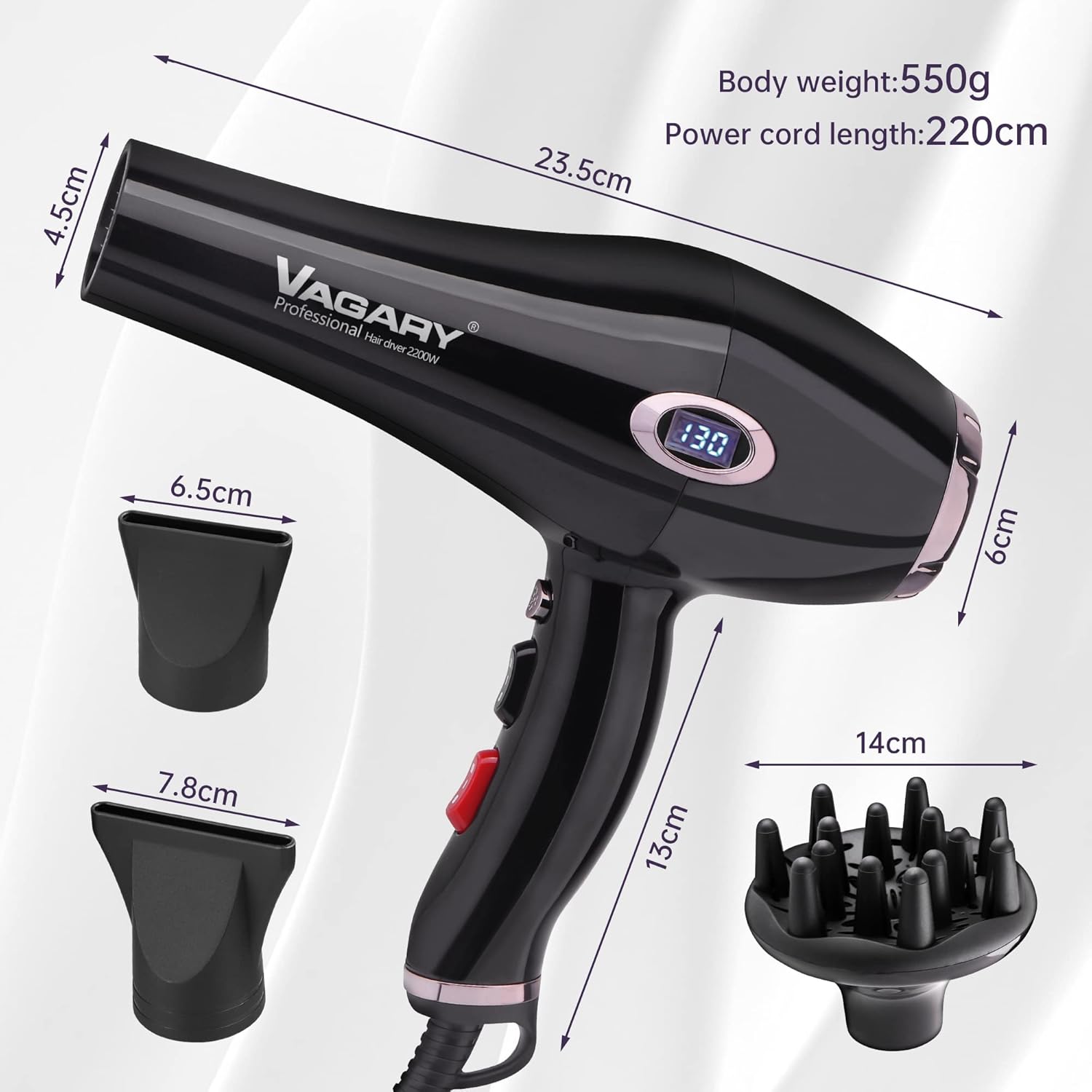 VAGARY Professional Salon 2200W Blower Dryer with Diffuser Concentrator Nozzles,Negative Ionic Blow Dryer,Low Noise Hair Dryers,2 Speeds and 2 Heat Settings 1 Cool Shot Button - Image 7