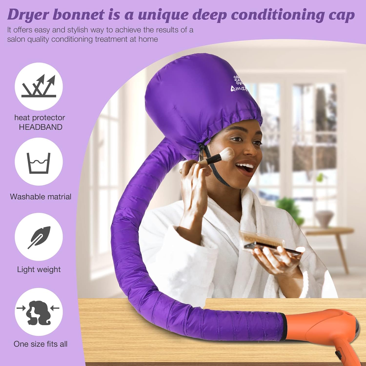 Bonnet Hood Hair Dryer Attachment - Soft, Adjustable Extra Large Bonnet Hair Dryer for Speeds Up Drying Time at Home, Easy to Use for Styling, Curling and Deep Conditioning (Purple) - Image 4