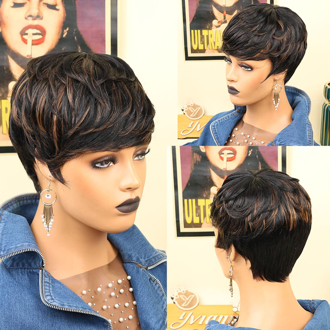 Short Layered Wavy Curly Wig with Bangs Brown Highlights Human Hair Pixie Cut Wig for Black Women Mixed Brown Color Daily Wear L1B/30 - Image 4