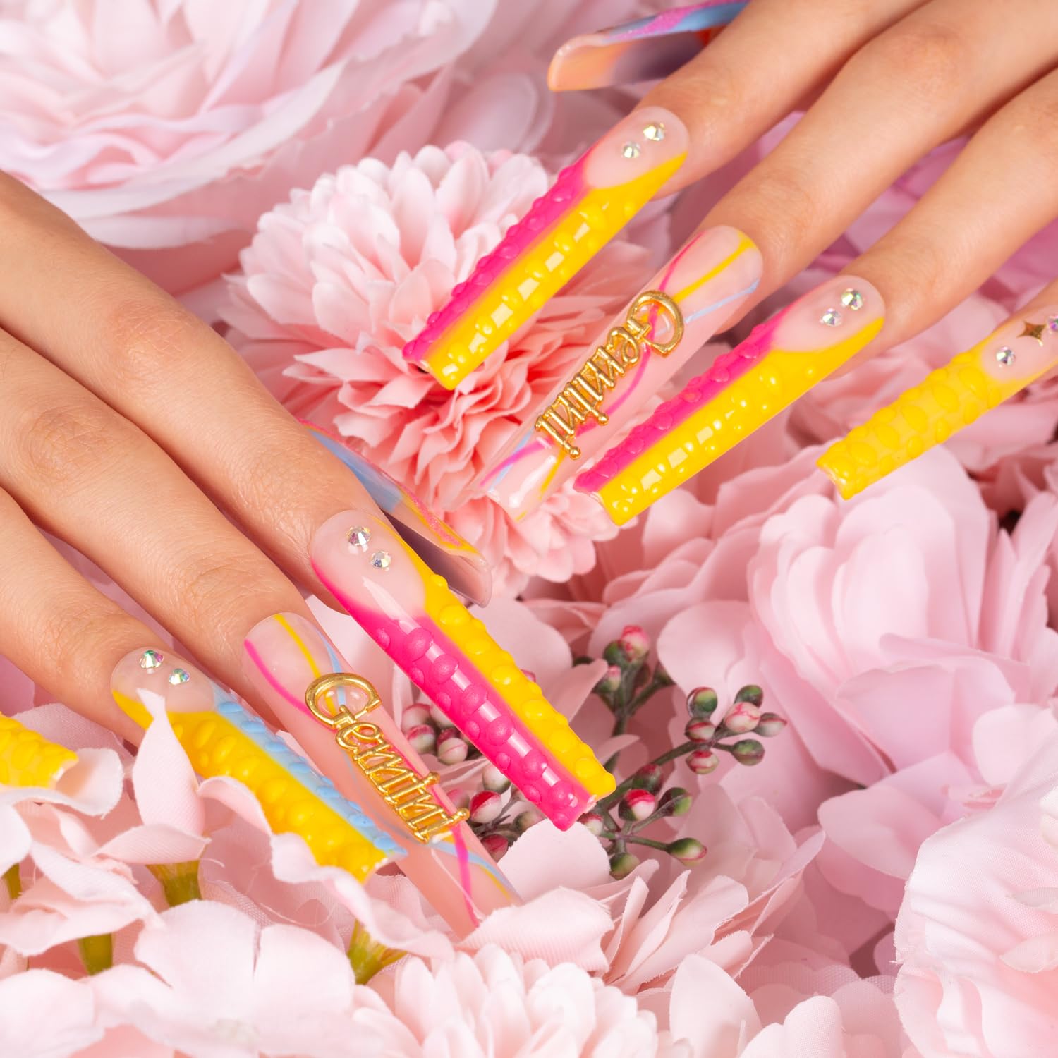 Press on Nails Gemini Blue French Tip Curve | Handmade with Full Covered Crystals | Reusable Fake Nails | Square Long 2.2 in | H172-S - Image 2