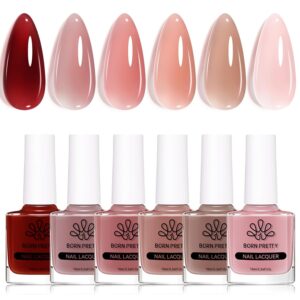 Born Pretty Jelly Nail Polish Set, 6 Colors Sheer Nude Natural Red Pink Brown Colors Quick Dry Nail Polish Kit for Diy Nail Art Salon Home Gifts