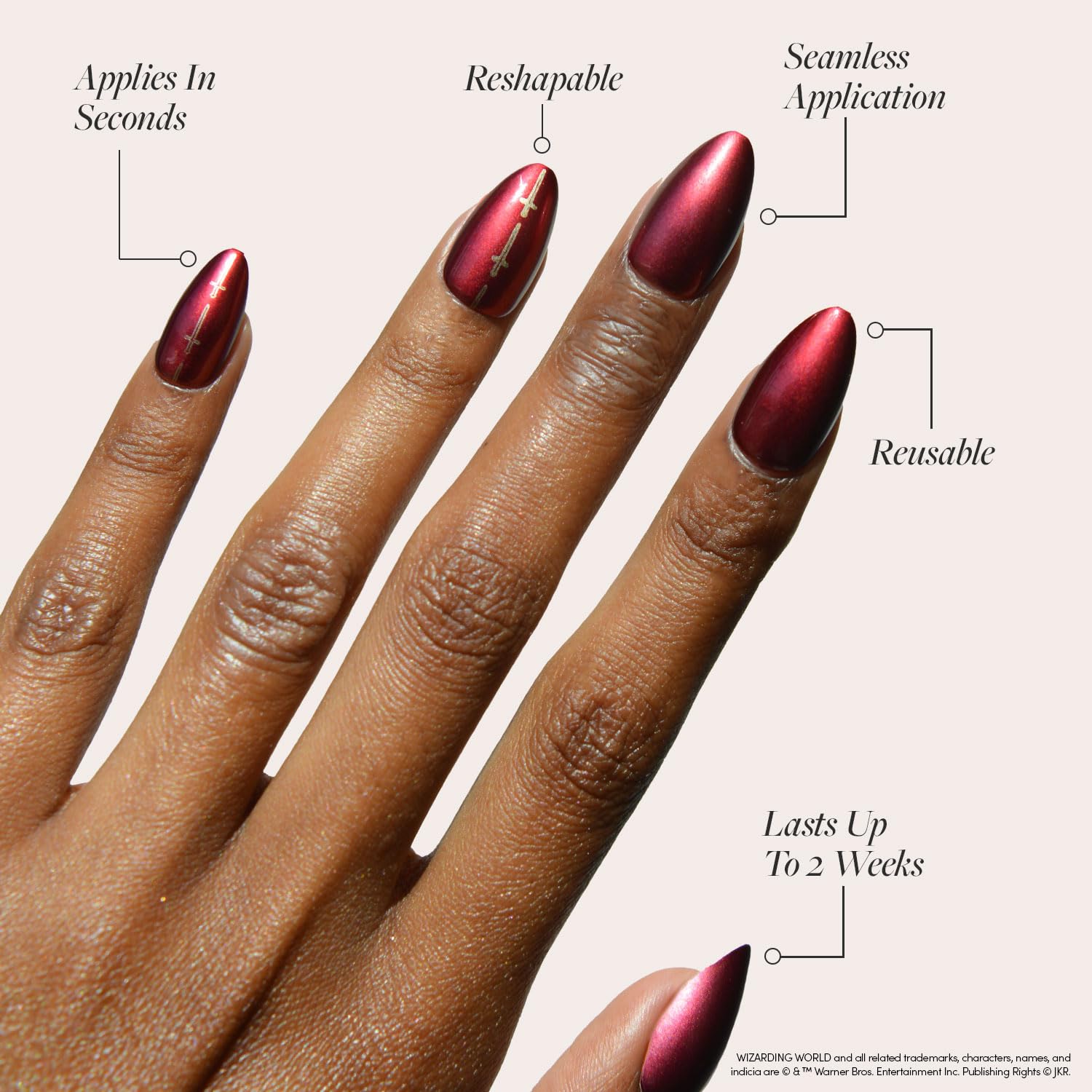 Harry Potter™ x Glamnetic Press On Nails - Gryffindor™ | Scarlet Red Lightning Graphic Short Almond False Nails, Reusable Stick On Fake Nails with Glue | Salon Quality | 15 Sizes - 30 Nail Kit - Image 3