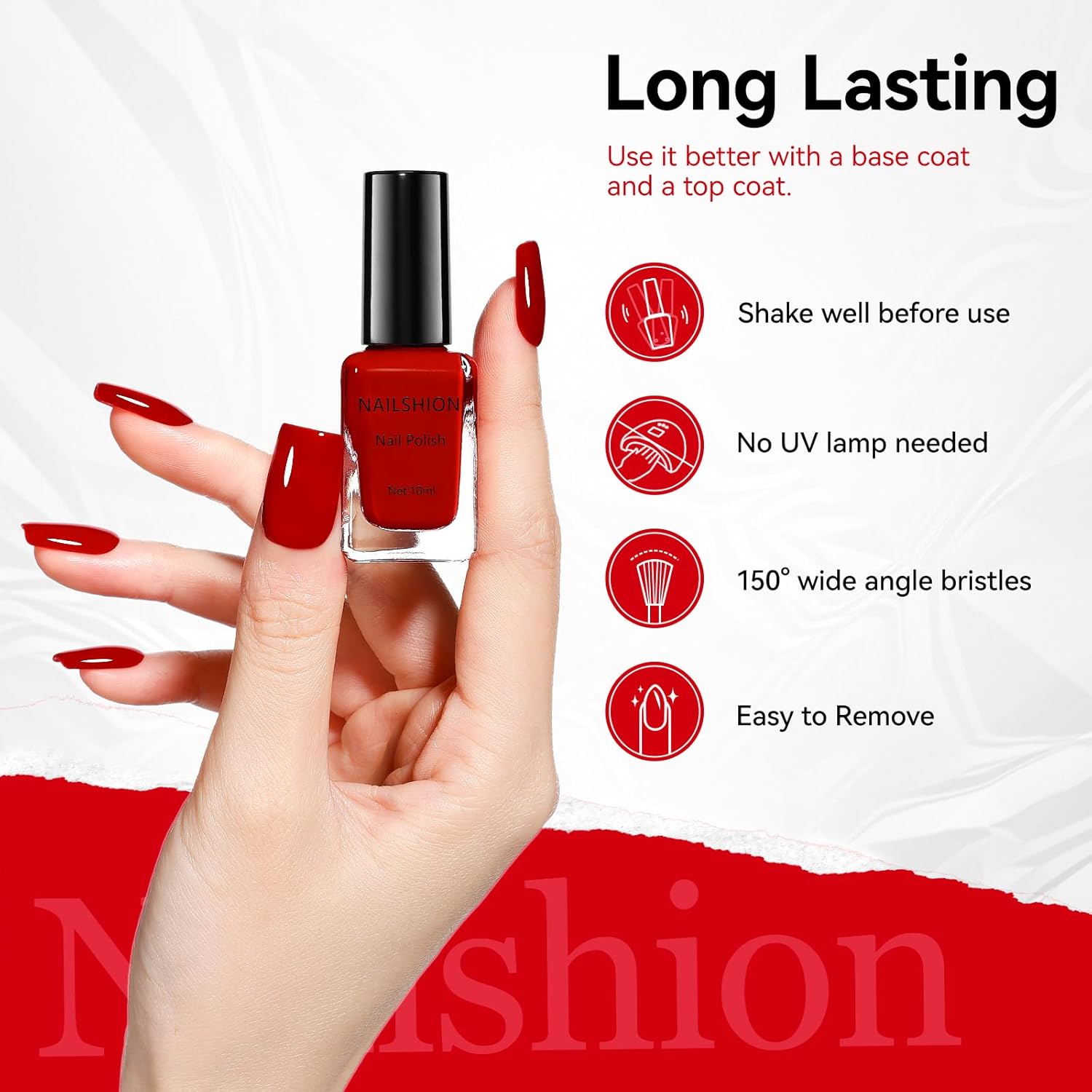 Red Nail Polish French Nail Art Regular Nail Polish 9-Toxic Free Vegan Enrich with Castor Oil Fast Dry Classic Toe Fingernail Polish Manicure Salon DIY Design at Home Gift for Girls Woman - Image 6