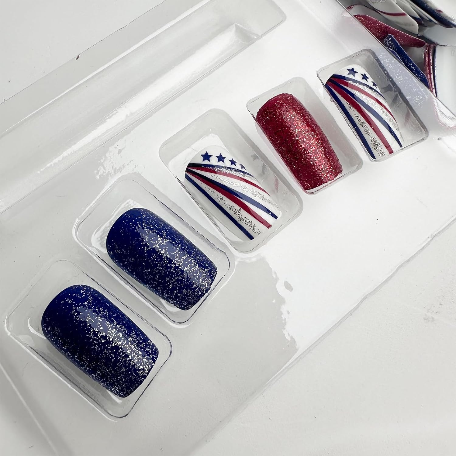 24Pcs Independent Day Press on Nails 4th of July Medium Square Coffin Fake Nails Red Blue Glitter Full Cover Glossy Acrylic nails False Nails Colorful Line Star Glue on Nails Manicure Decor - Image 7