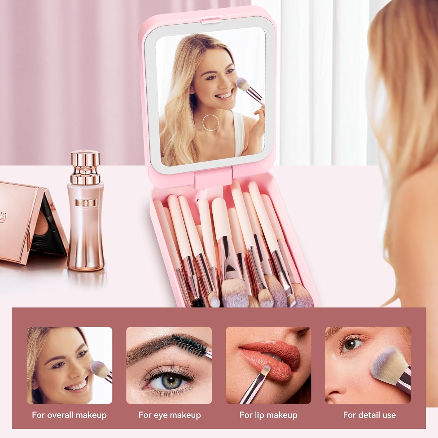 Trendy Teen Girl Gifts – Travel Makeup Brush Set with LED Light Mirror, Perfect Tween Birthday Gifts for Girls 11-16+ year old(Pink) - Image 6