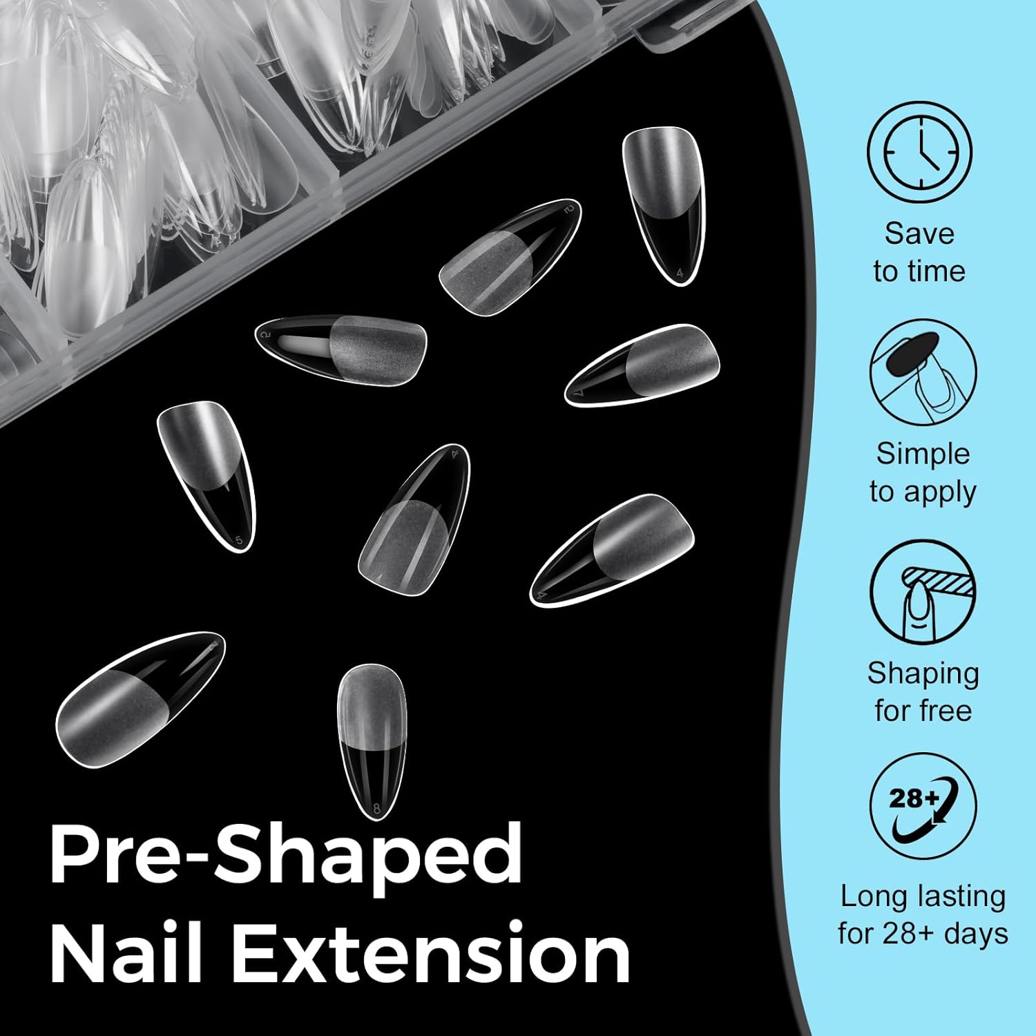 TOMICCA Clear Nail Tips Acrylic Nails 240Pcs Fake nails Medium Almond Nail Tips Pre-shape Gel Nails for Nail Extension False Nail Tips 12 Sizes - Image 7