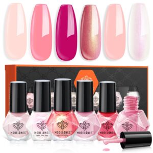 modelones Nail Polish Set, 6 Colors Quick Dry Nude Hot Pink Chrome Nail Polish Light Pink Shimmer Pearl Spring Summer Fingernail Polish DIY Nail Art Salon Home Easter Gifts for Women Girl