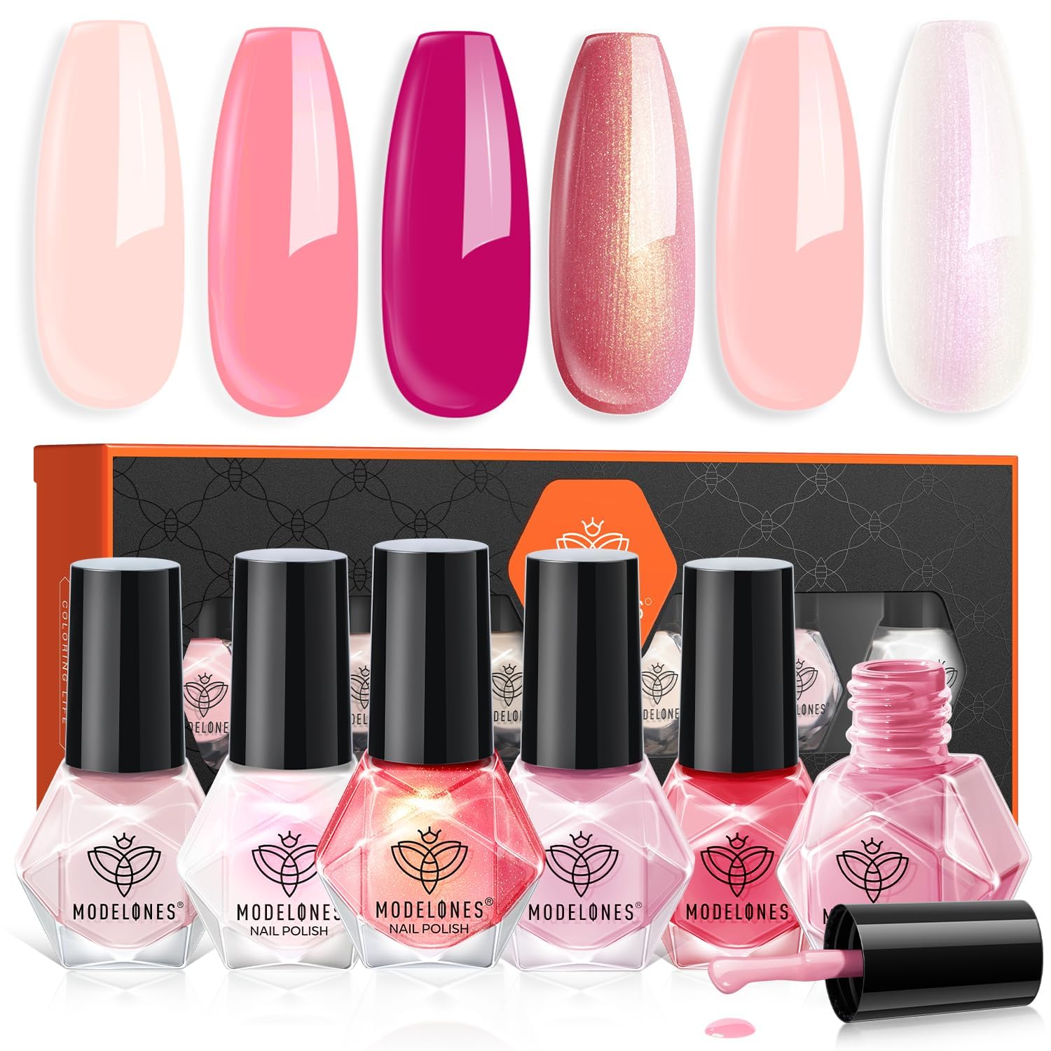 modelones Nail Polish Set, 6 Colors Quick Dry Nude Hot Pink Chrome Nail Polish Light Pink Shimmer Pearl Spring Summer Fingernail Polish DIY Nail Art Salon Home Easter Gifts for Women Girl