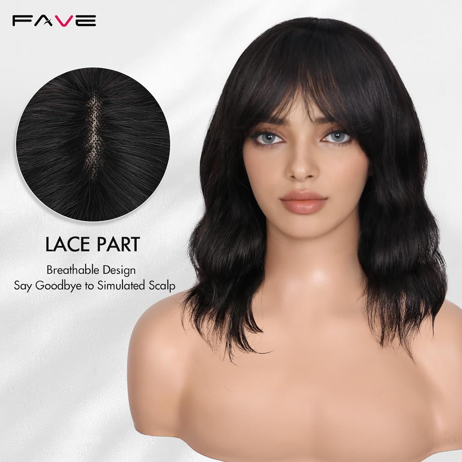 FAVE Natural Wave Human Hair Wigs with Bangs 12" Brazilian Virgin Human Hair 1×3 HD Lace Top Wig Bob Wig with Bangs Glueless Black Wigs Easy Install - Image 2