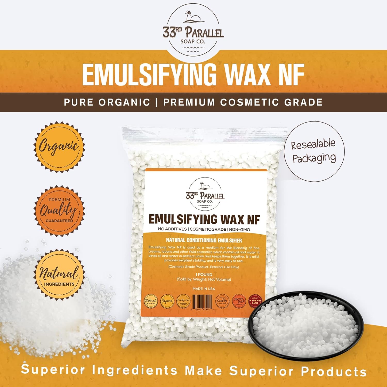 Non-GMO Emulsifying Wax NF Pastilles (2 LBS / 32 OZ) 100% Natural Plant Derived | For Lotions, Creams, Soap Making, Hair Products | Cosmetic Grade | Product of USA | 2 POUNDS - Image 2