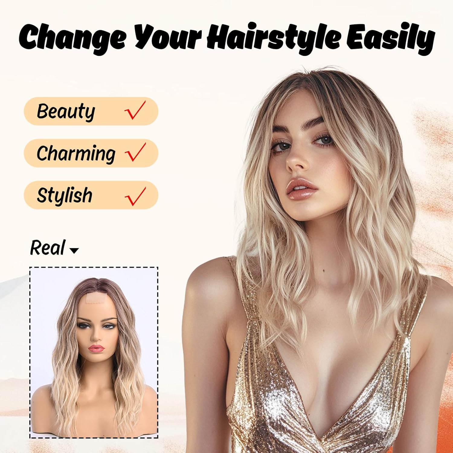 Medium Length Ombre Blonde Ash Wavy Wigs for Women 18 Inch Middle Part Wavy Blond Wig Natural Looking Dirty Blonde Synthetic Heat Resistant Fiber Dark Roots Wig for Daily Party Use (18 inch) - Image 3